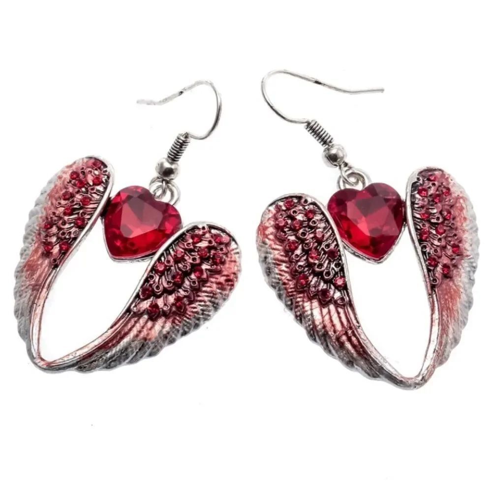 Silver with Ruby Red Crystal Angel Wing with Heart Dangling Hook Earrings